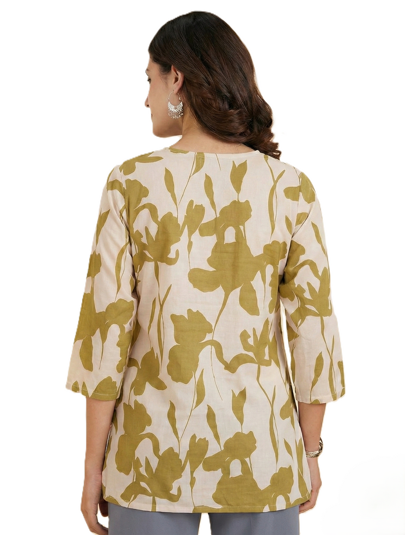 Beige Olive Green Large Floral Printed 3/4 Sleeves Round Neck Short Kurti