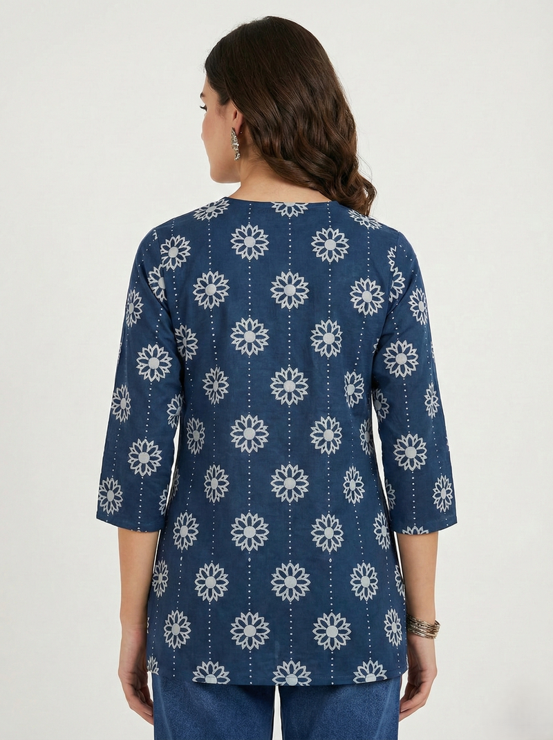 Navy Blue White Daisy Booti Printed 3/4 Sleeves Short Kurti