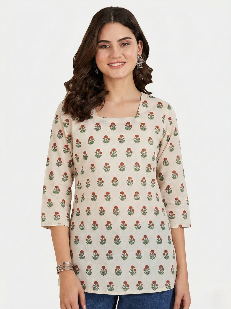 Cream Red Green Floral Booti Printed 3/4 Sleeves Square Neck Short Kurti