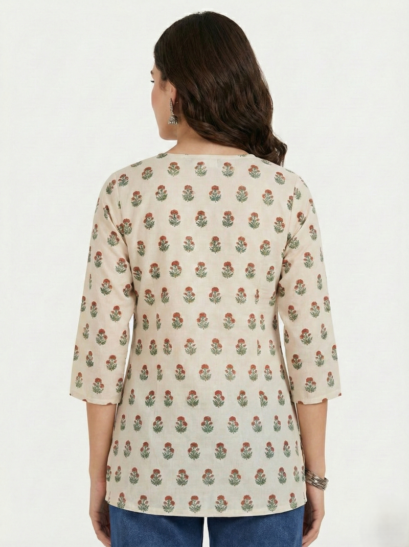 Cream Red Green Floral Booti Printed 3/4 Sleeves Square Neck Short Kurti
