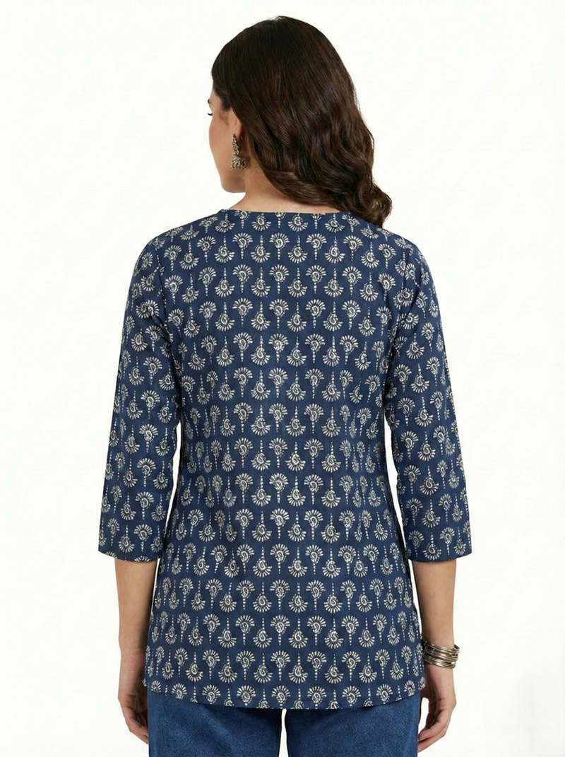 Navy Blue White Paisley Booti Printed 3/4 Sleeves V-Neck Short Kurti