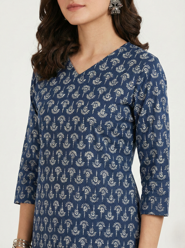 Women's Printed Short Kurti, 3/4 Sleeve, Cotton, Soft & Comfortable