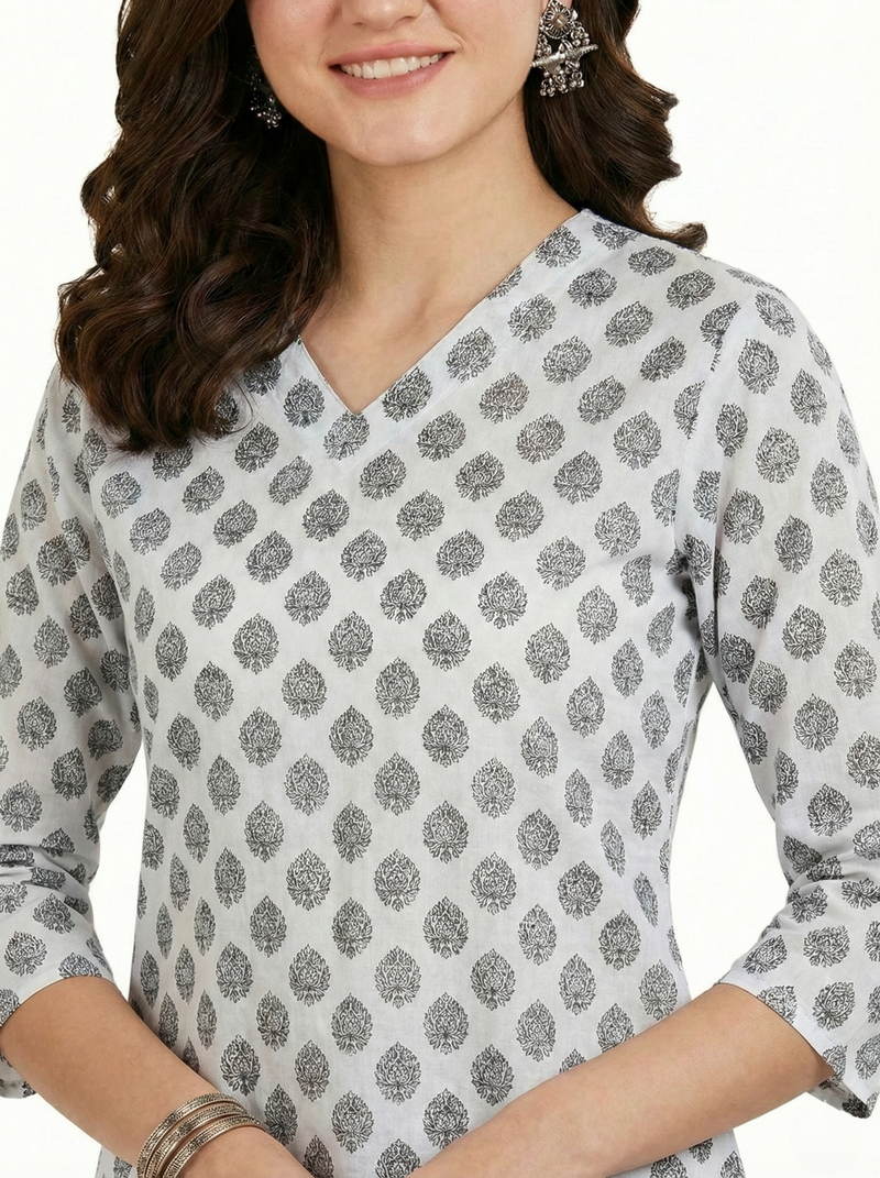 White Black Booti Printed 3/4 Sleeves V-Neck Short Kurti Top