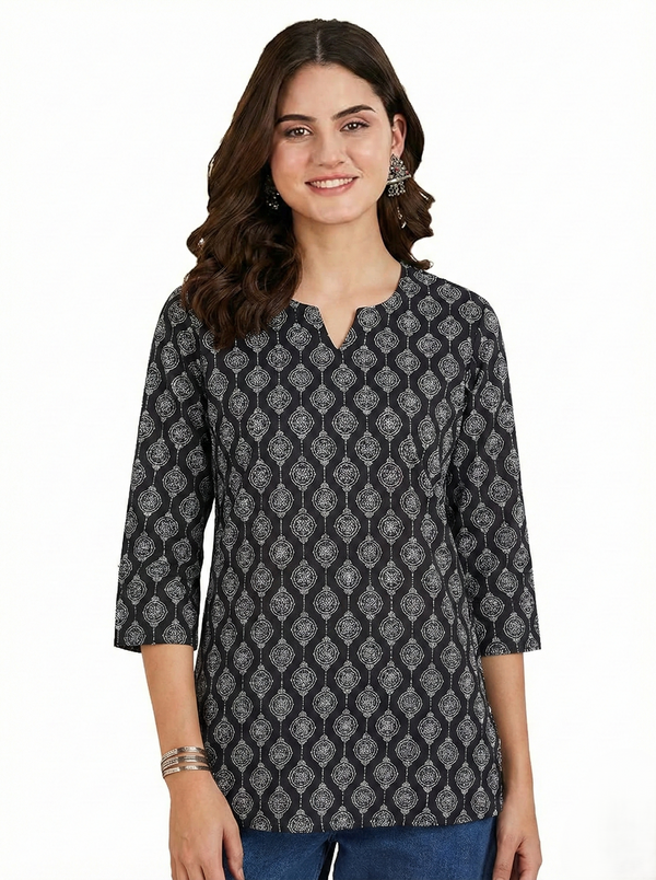 Women's Printed Short Kurti, 3/4 Sleeve, Cotton, Soft & Comfortable