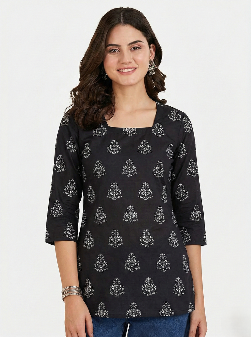 Black White Booti Printed 3/4 Sleeves Square Neck Kurti