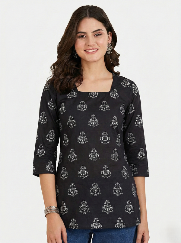 Women's Printed Short Kurti, 3/4 Sleeve, Cotton, Soft & Comfortable
