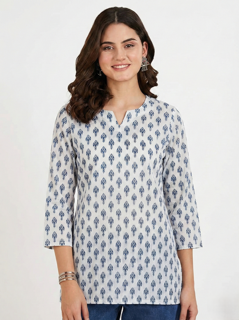 White Blue Booti Printed 3/4 Sleeves Short Kurti