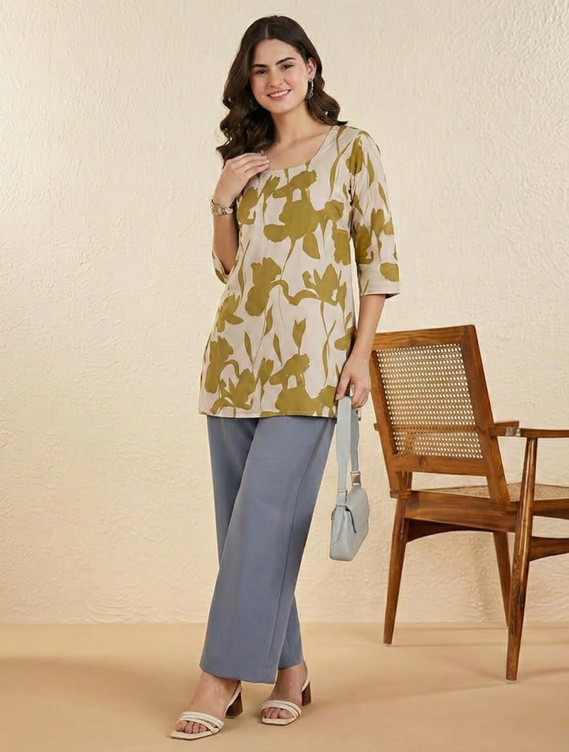 Beige Olive Green Large Floral Printed 3/4 Sleeves Round Neck Short Kurti