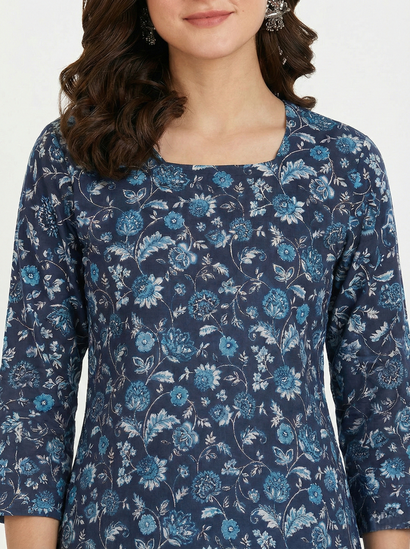 Navy Blue Floral Printed 3/4 Sleeves Square Neck Short Kurti