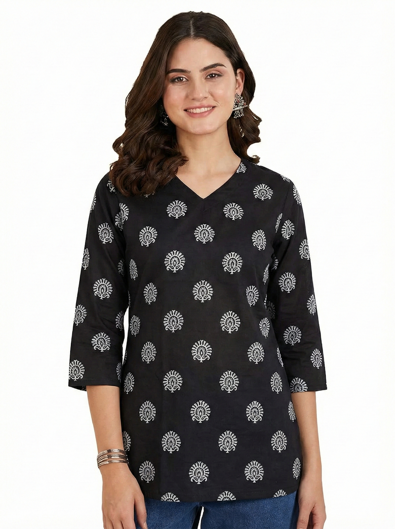 Black White Floral Booti Printed 3/4 Sleeves V-Neck Short Kurti