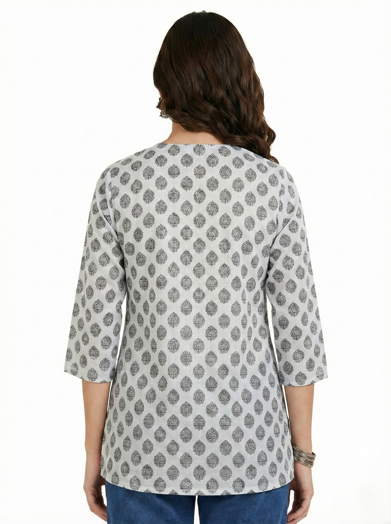 White Black Booti Printed 3/4 Sleeves V-Neck Short Kurti Top