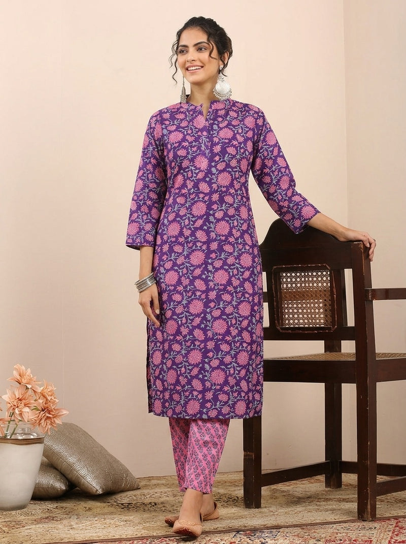 Purple Floral print kurta with pant set