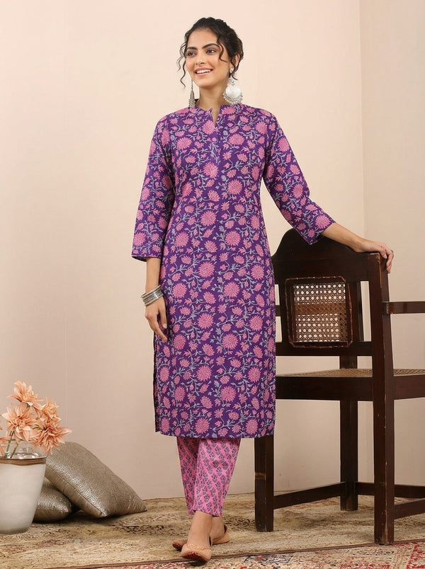 Purple Floral print kurta with pant set
