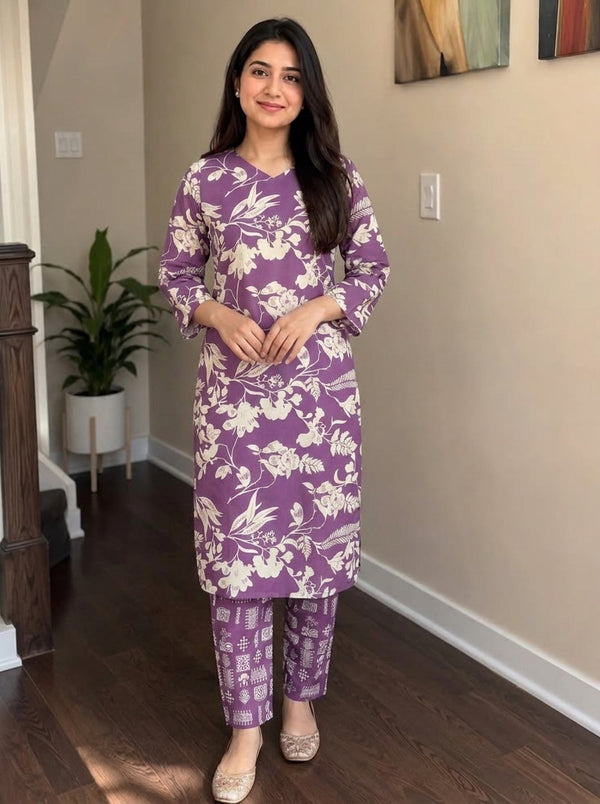 Purple Floral print kurta with pant set