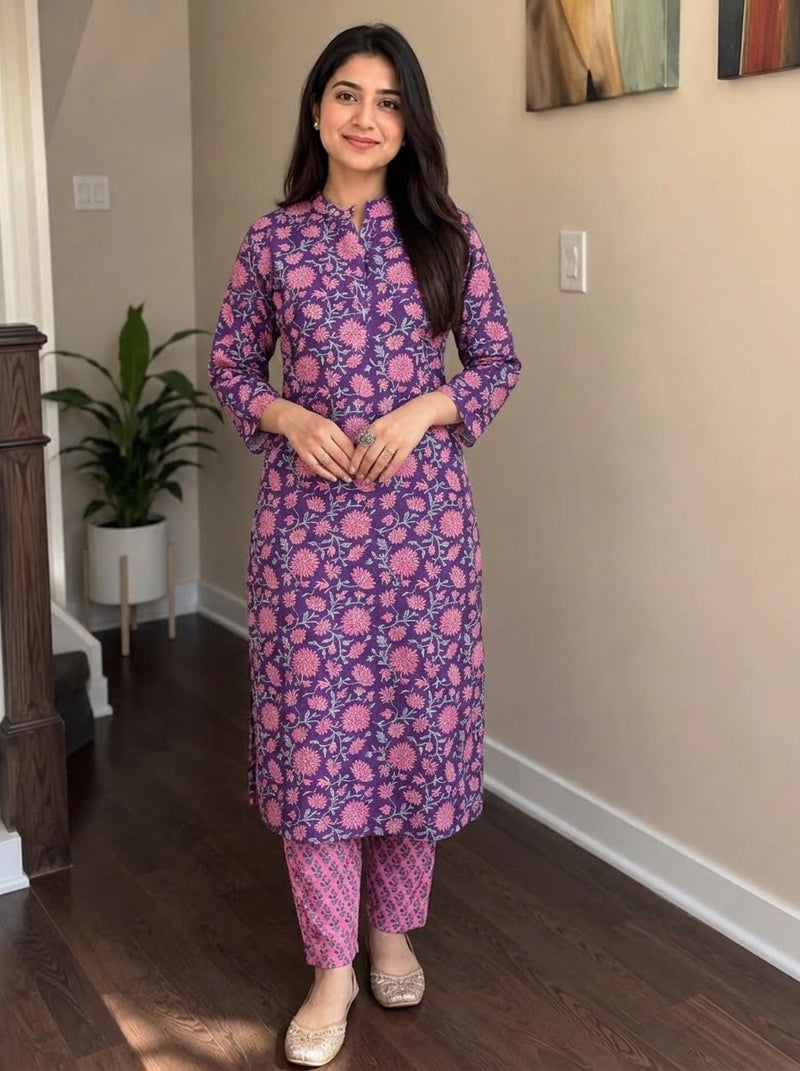 Purple Floral print kurta with pant set