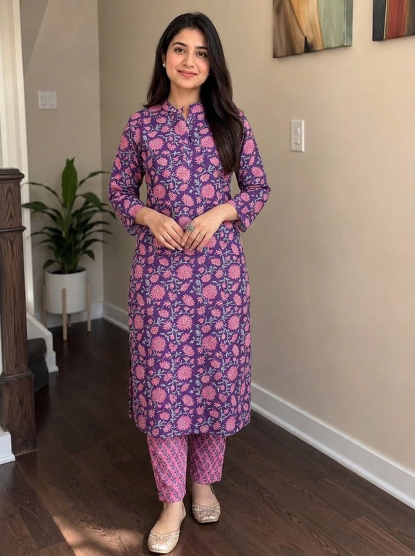 Purple Floral print kurta with pant set