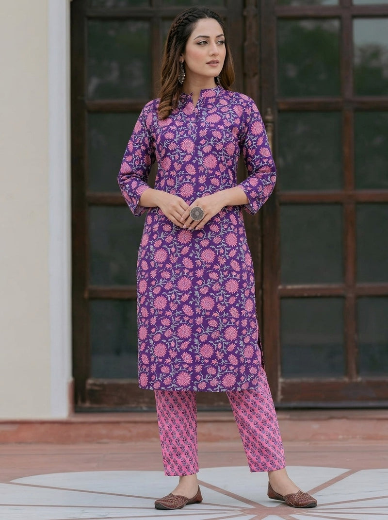 Purple Floral print kurta with pant set