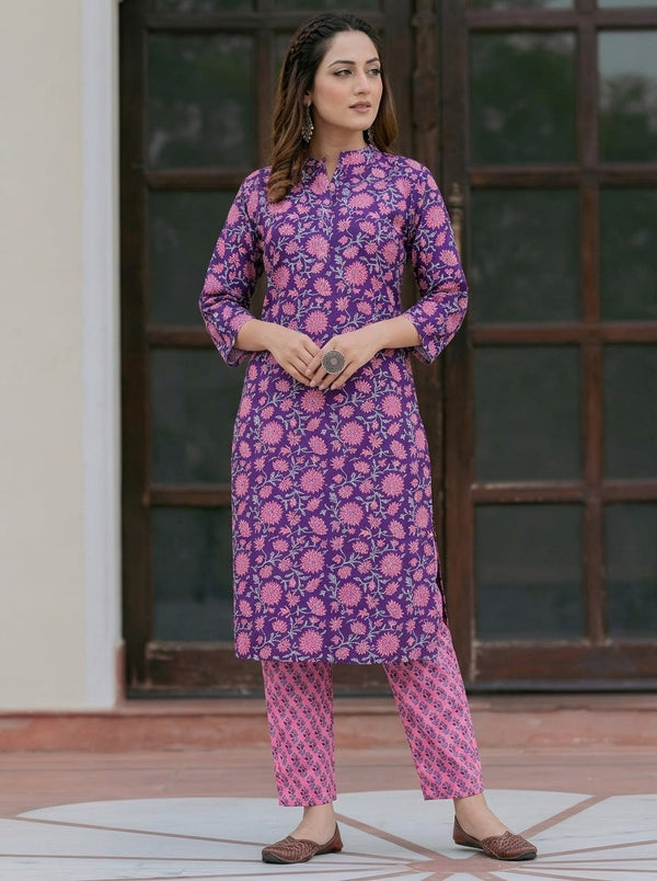 Purple Floral print kurta with pant set