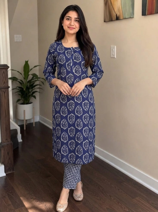 Navy Blue Paisley print kurta with pant set