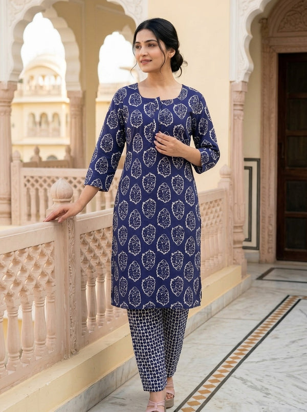 Navy Blue Paisley print kurta with pant set