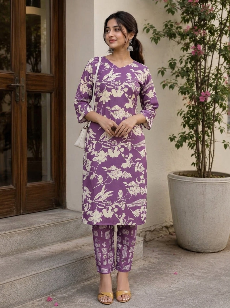 Purple Floral print kurta with pant set