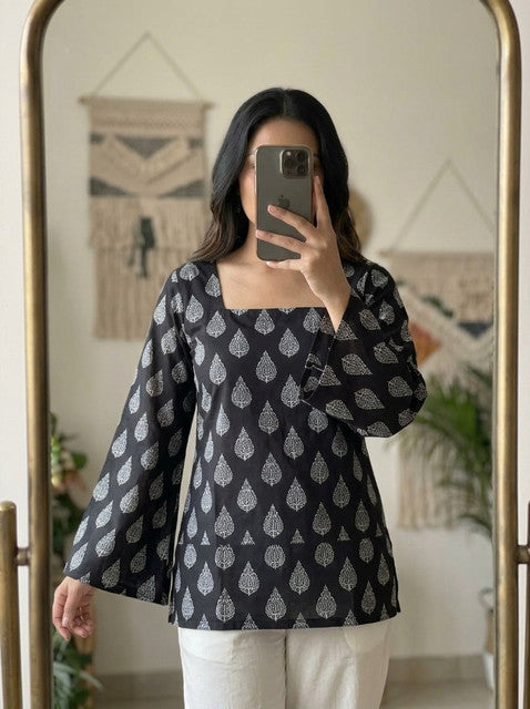 Black Paisley Print Bell Sleeve Square Neck Short Kurti