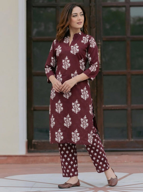 Maroon Floral print kurta with pant set