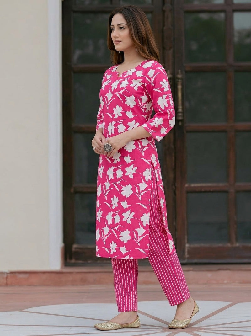 Pink Floral print kurta with pant set