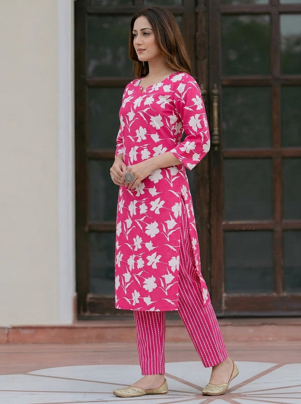 Pink Floral print kurta with pant set