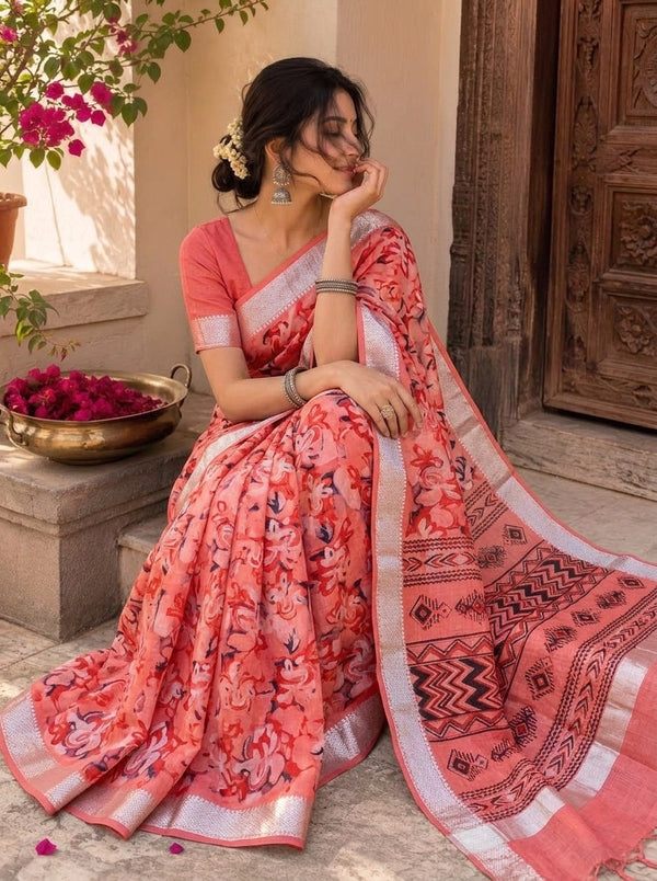 Peach printed saree with blouse piece