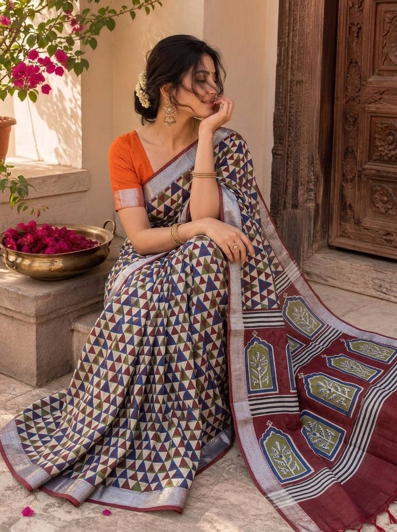 Navy Blue printed saree with blouse piece