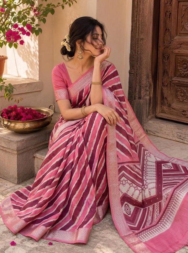 Pink printed saree with blouse piece