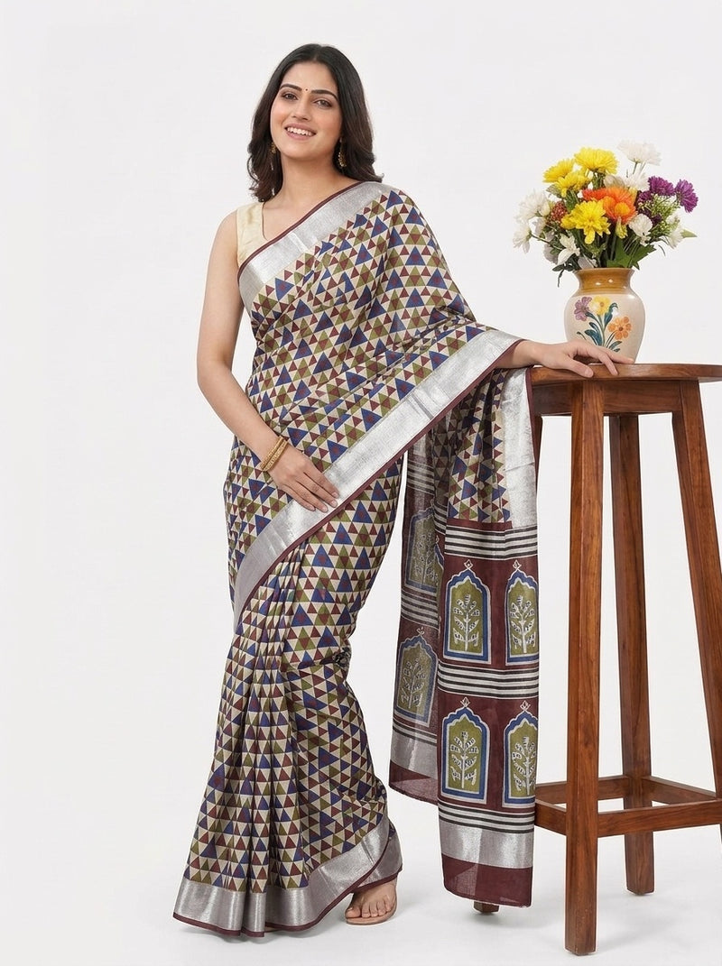 Navy Blue printed saree with blouse piece