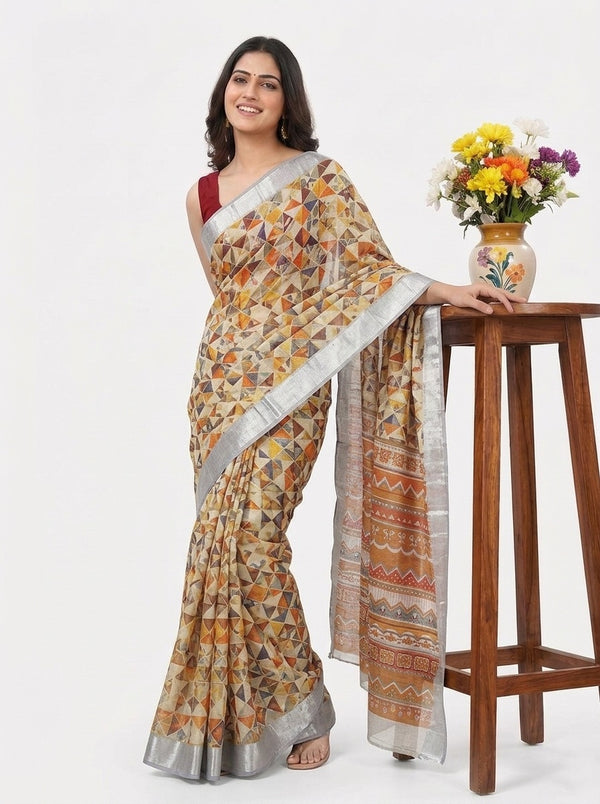 Beige printed saree with blouse piece