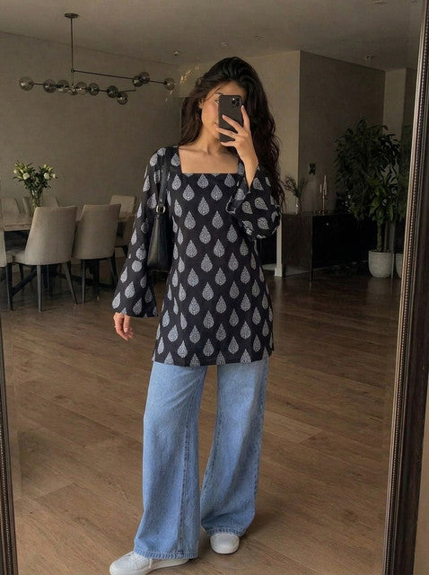Black Paisley Print Bell Sleeve Square Neck Short Kurti
