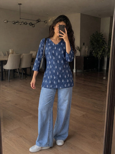 Navy Blue Botanical Print V-Neck 3/4 Sleeve Short Kurti
