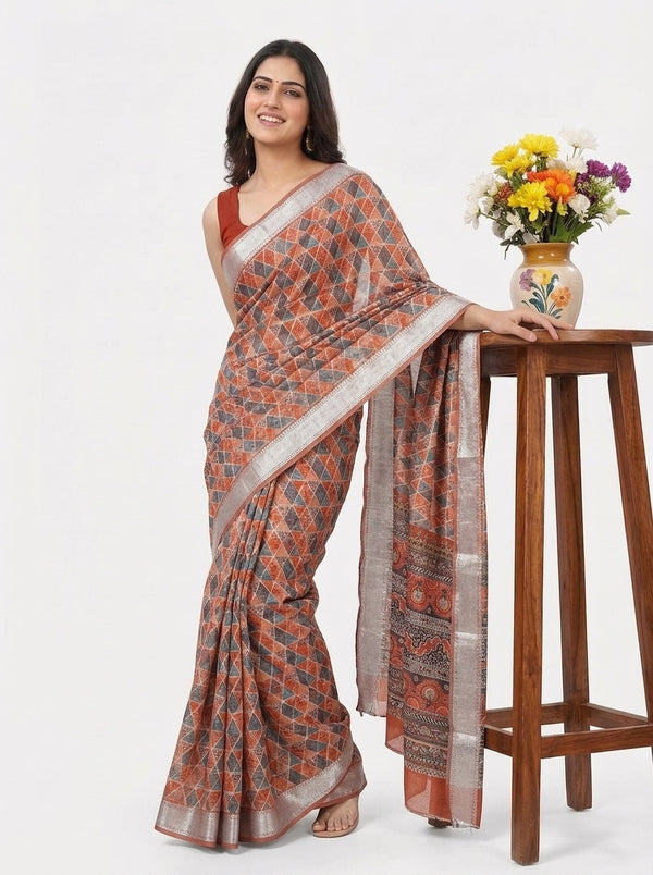 Rust printed saree with blouse piece