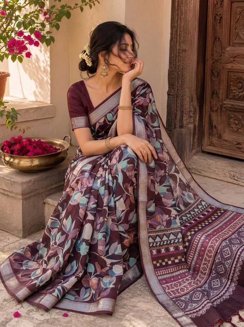 Maroon printed saree with blouse piece