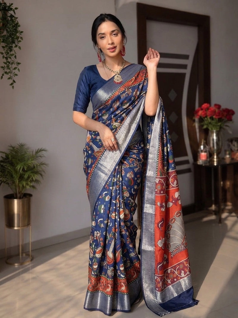 Navy Blue printed saree with blouse piece