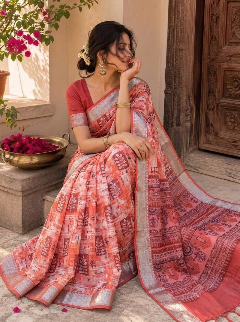 Beige printed saree with blouse piece