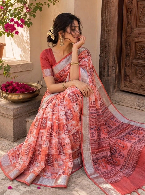 Beige printed saree with blouse piece