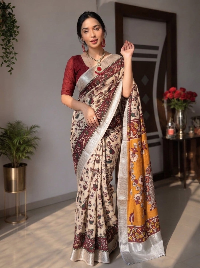Beige printed saree with blouse piece
