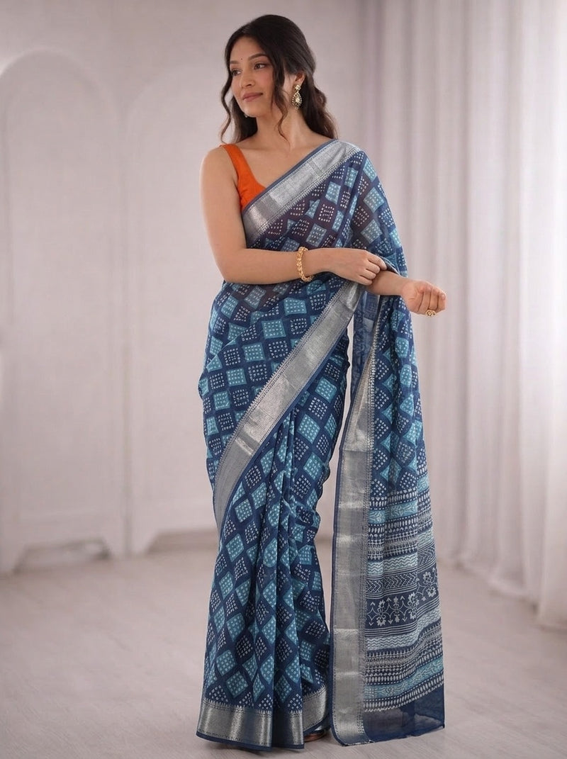 Navy Blue printed saree with blouse piece