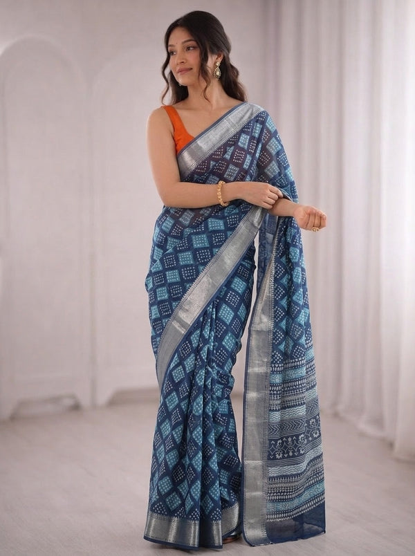 Navy Blue printed saree with blouse piece