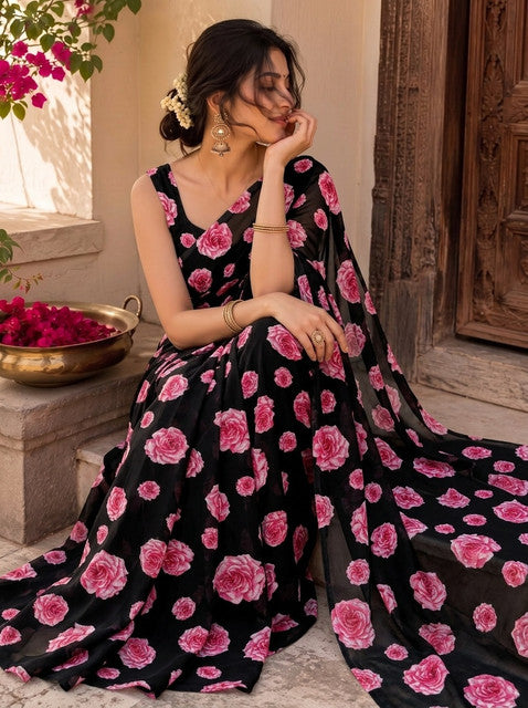 Black Floral Print Georgette Saree