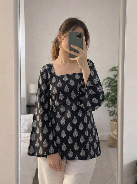 Black Paisley Print Bell Sleeve Square Neck Short Kurti