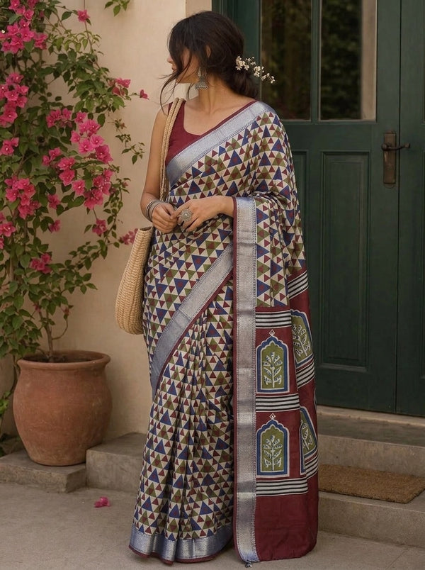 Navy Blue printed saree with blouse piece