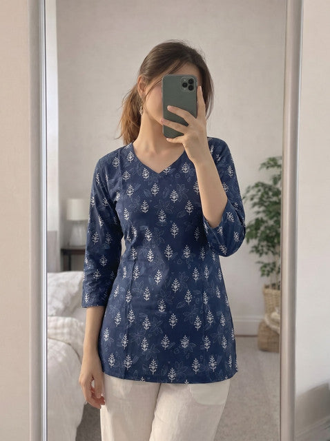 Navy Blue Botanical Print V-Neck 3/4 Sleeve Short Kurti