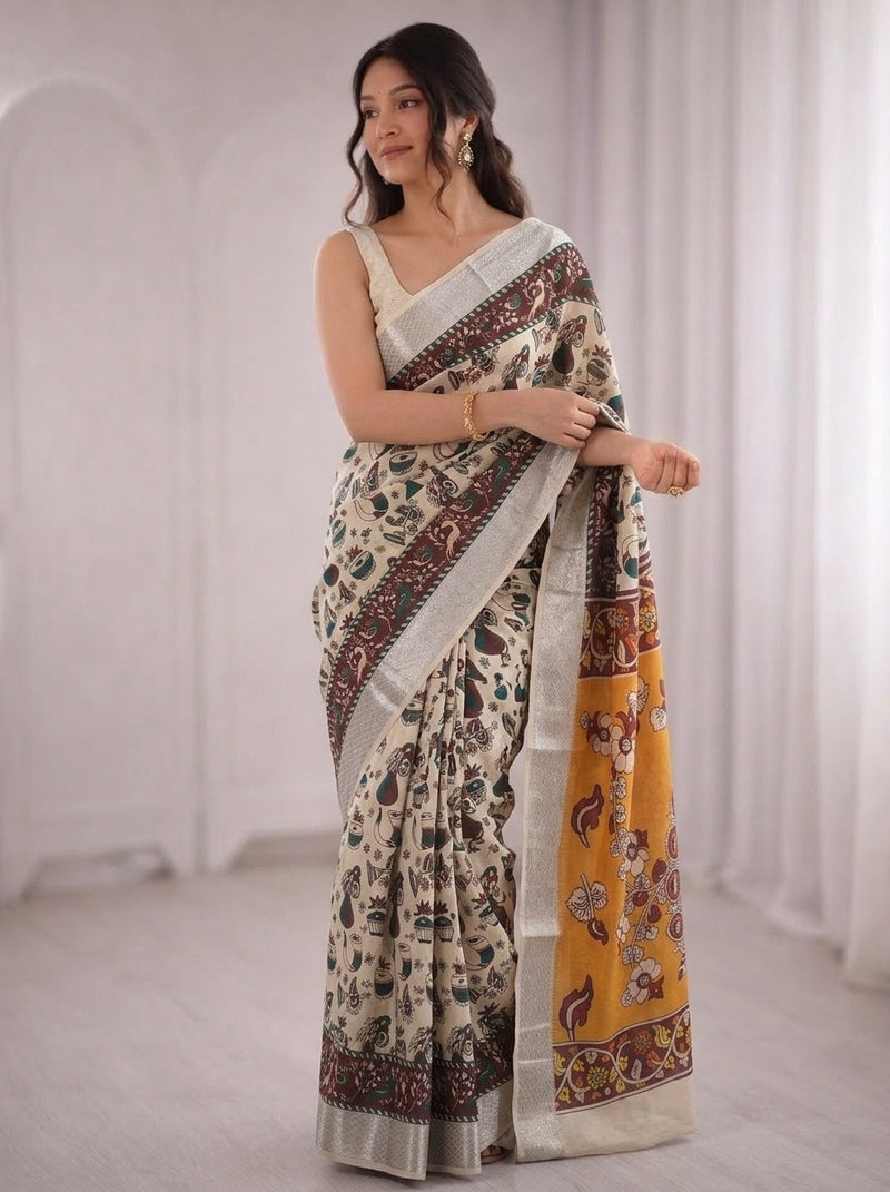 Beige printed saree with blouse piece