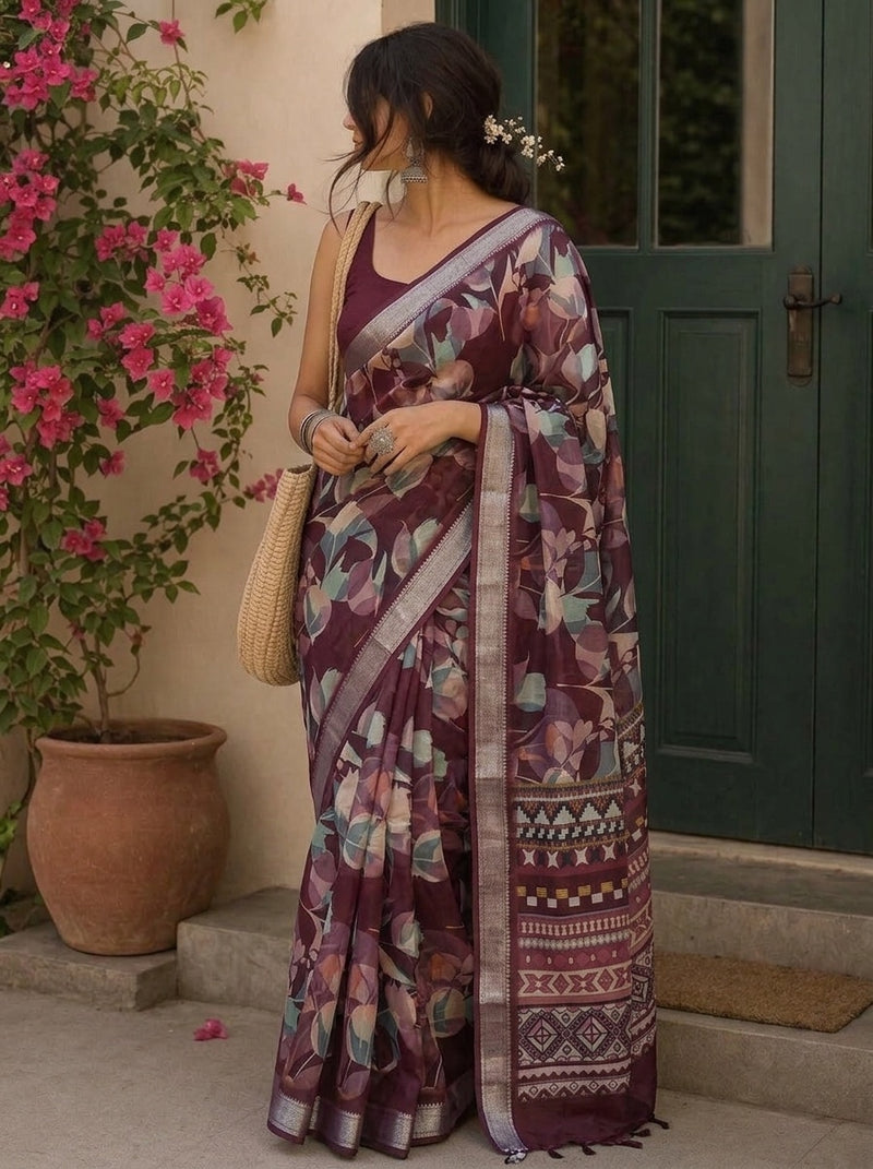 Maroon printed saree with blouse piece